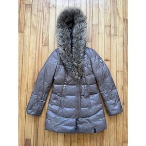 Rudsak Down Puffer Coat Fur Trim Hooded Brown Zip Pockets Winter Warm Women Med